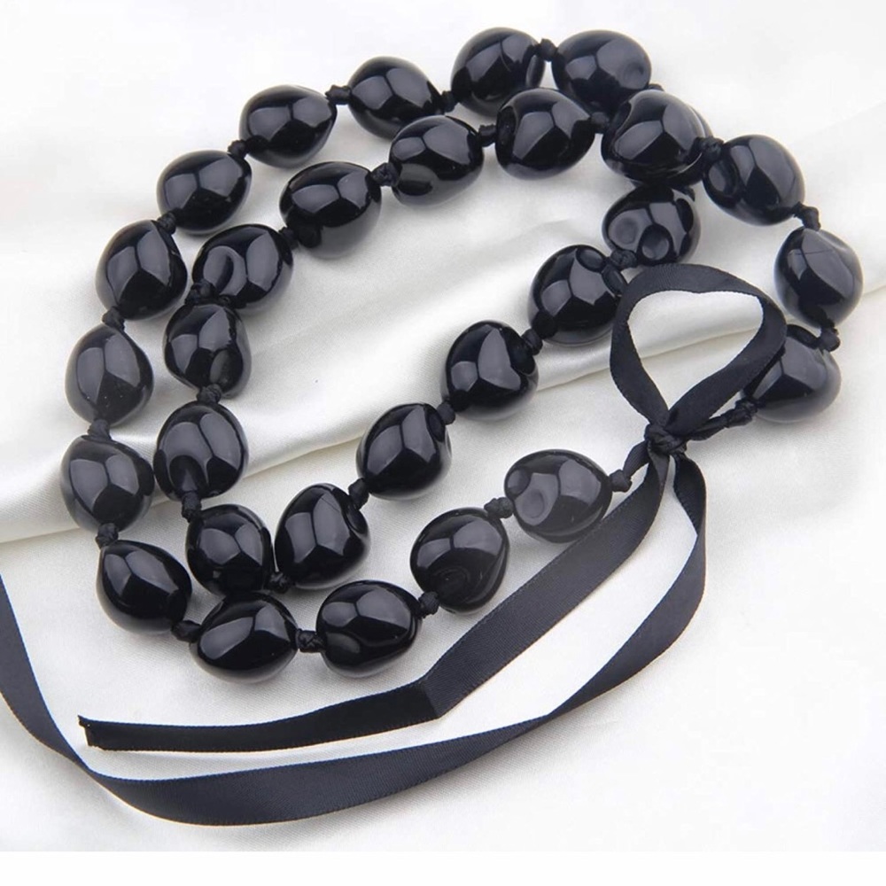 Hawaiian-inspired Kukui Nut Heart-Shaped Beaded Black Satin Ribbon Necklace